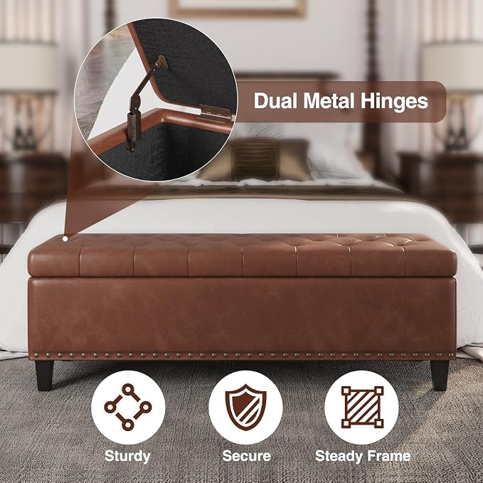 FiveWillowise 51 Inch Storage Ottoman Bench,Large End of Bed Storage Bench | Faux Leather Ottoman with Storage,30 Gallons,Upholstered,with Nailhead Trim,Legs,for Bedroom,Living Room,Entryway,Brown