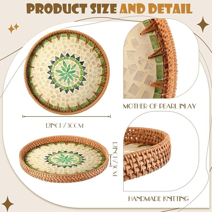 3 Pcs Round Rattan Tray with Mother of Pearl Inlay Wicker Serving Tray with Wooden Base Boho Decorative Wicker Basket for Table Decor Bathroom Candle Perfume(Classic Style)