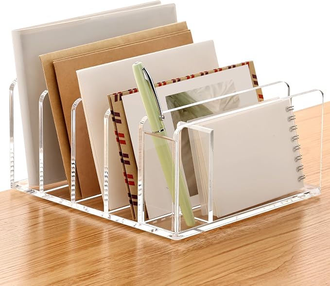 Acrylic Mail Sorter Desk Organizer with Pen Holder, 5 Compartments Clear | Small File Script Letter Document Storage for Desktop Bill Filling Envelope Holder Office, Home, School Organization