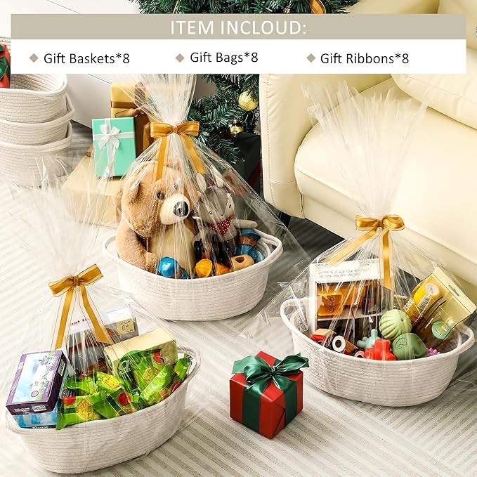 8 Pack Small Woven Basket with Gift Bags and Ribbons, All 12"x 8"x 5", Empty Decorative Gift Chest Box, Cute Baby Gift Basket for Nursery, Cotton Rope Room Shelf Storage Basket with Handles, White