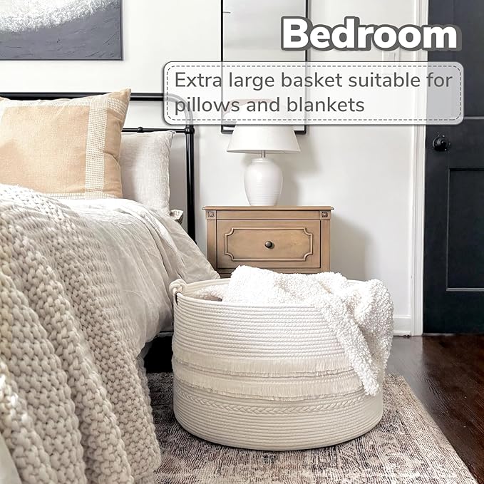 CherryNow 90L Large Woven Rope Blanket Basket with Tassel, 22" x 14", White | Boho Basket for Toys, Clothes & Pillows Storage, Fits Bedroom Living Room Home Décor, Laundry Hamper with Knotted Handles