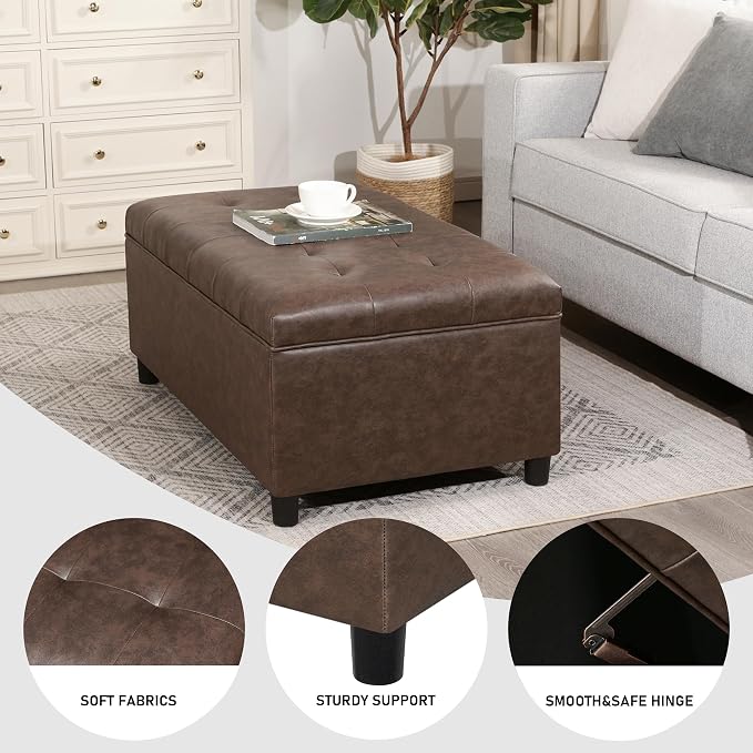 Joveco Rectangular Lift Top Storage Ottoman Bench, Faux Leather Storage Bench for Living Room Entryway Bedroom,Espresso