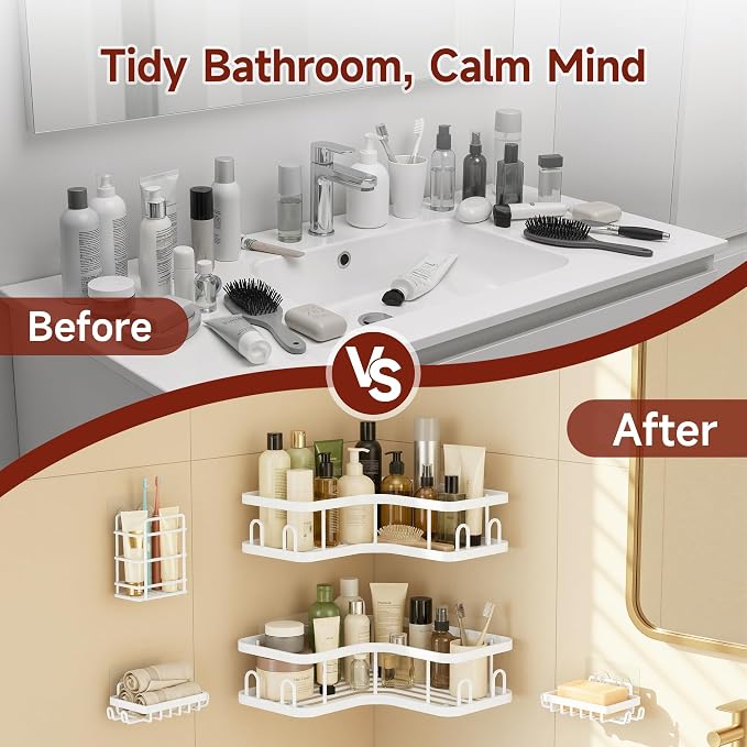 Veken Corner Shower Caddy 3-Pack, Advanced Rustproof Design&Stable Storage | No Drilling Adhesive Shelves, Rack with Soap Holder & Hooks, Thickened Metal Frame, Bathroom Organizers and Storage, White