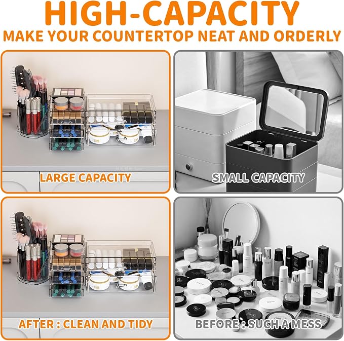 Clear Acrylic Makeup Organizers for Vanity,Countertop,3 Pack Make up Drawer Organizer With Makeup Brush Holder,Plastic Skincare Organizers for Hair Accessories,Beauty,Hair Products,Bathroom,Dresser
