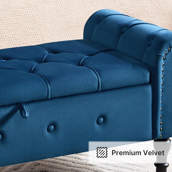 Storage Bench 51" Velvet End of Bed Benches Navy Blue | Queen Size Storage Bench for Bedroom with Rolled Arms Tufted Ottoman Benches Upholstered Bench for Living Room Entryway