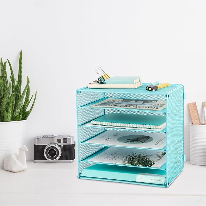 5 Slot Mesh Desk Organizer Tray, File Paper Letter Folder Holder Desktop Paper Sorter Mail Organization Rack Storage Accessories, for Office Home School Classroom, Blue