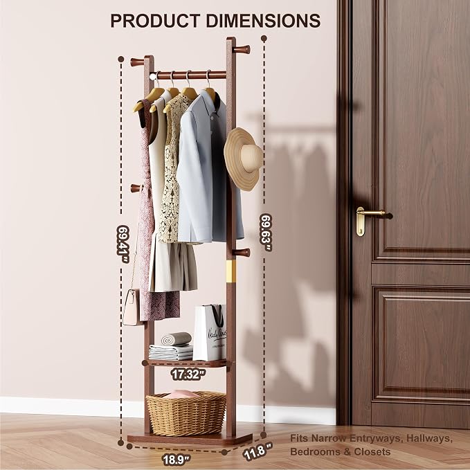 Coat Rack Freestanding, Solid Wood Clothes Rack with 2 Shelves & 5 Hooks for Hanging Clothes Garment Wallets Hats, Heavy Duty Clothes Rack Stand for Hall, Bedroom, Living Room (Walnut brown)