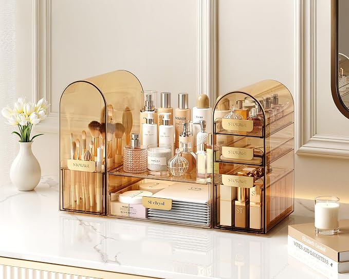 Makeup Organizer Countertop with Drawers & Lid, Skincare Organizer for Vanity, Large Cosmetic Organizer & Display Cases and Storage for Bathroom & Desktop. Perfect for Girl Women Mom Gifts