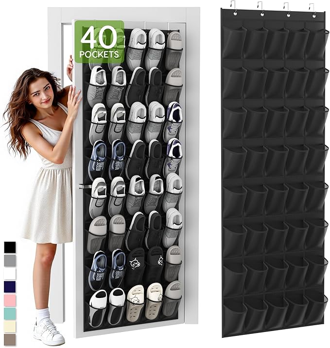 Over the Door Shoe Organizer with 40 Large Breathable Mesh Pockets, Space Saving Shoe Holder, Hanging Shoe Rack for Entryway Bedroom Closet Storage (Black, 40 Pockets)