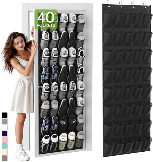 Over the Door Shoe Organizer with 40 Large Breathable Mesh Pockets, Space Saving Shoe Holder, Hanging Shoe Rack for Entryway Bedroom Closet Storage (Black, 40 Pockets)