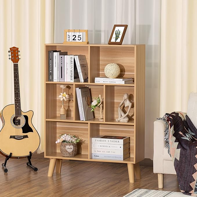LEYAOYAO Cube Book Shelf, Mid-Century Modern Bookshelf with Legs, Natural | 3 Tier Bookcase, Rustic Wood Bookshelves Freestanding Small Storage Organizer, Open Shelves for Bedroom, Living Room, Office