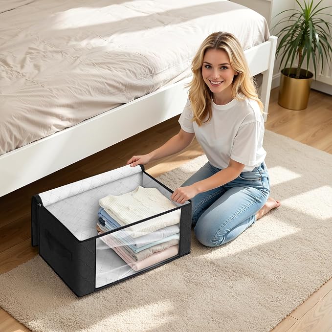 Fab totes 35L Closet Organizers and Storage, Foldable Under Bed Storage Containers, Storage bags for Organizing Bedroom, Closet, Clothing,Organization with Handle (4 Pack,Black)