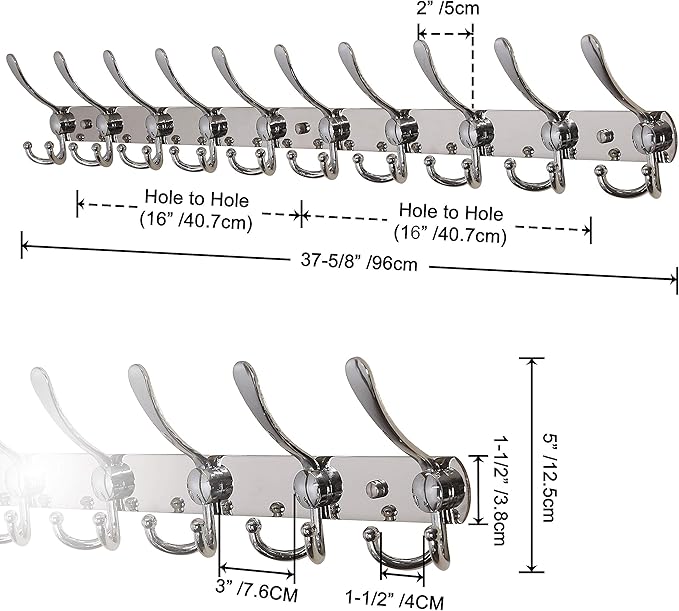 Dseap Coat Rack Wall Mount - 38” Long 10-Tri-Hooks Heavy Duty Coat Hanger Rail Wall Hooks for Hanging Coats Hats Clothing Clothes Purse Mudroom Entryway, Chromed, Pack of 2