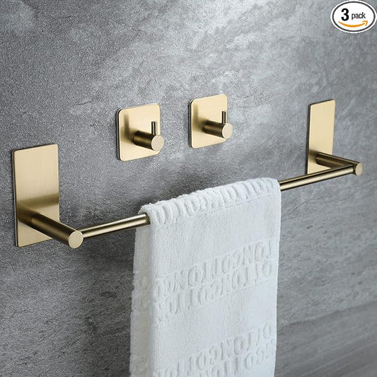Taozun Golden Towel Bar - Self Adhesive Towel Holder + 2 Packs Hooks, 16-in | Brushed Brass Finish, SUS304 Stainless Steel, Rustproof, No Drilling, Ideal for Bathroom, Kitchen, RV