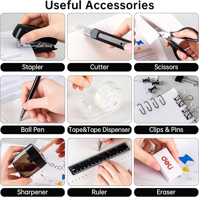 deli Office Supplies Set, Desk Accessory Organizer Kit, Black | Stationary Set, Desk Supplies with Rotating Multi-Functional Pen Holder &Stapler Set for Office, School, Home