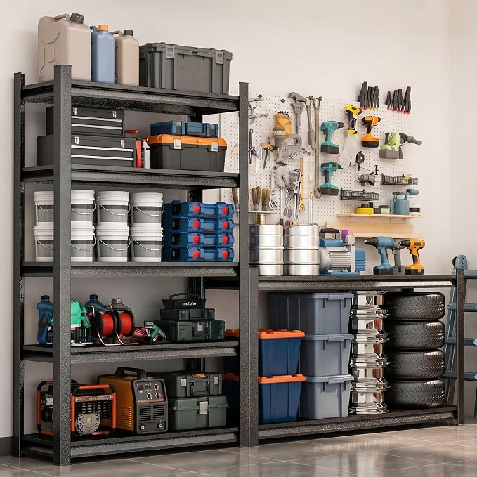 Garage Shelving, Heavy Duty Adjustable Boltless Metal Storage Shelves | 2400 LBS Industrial Steel Rack for Pantry Kitchen Basement Warehouse Storage, 45"Hx 14"Wx 12"D