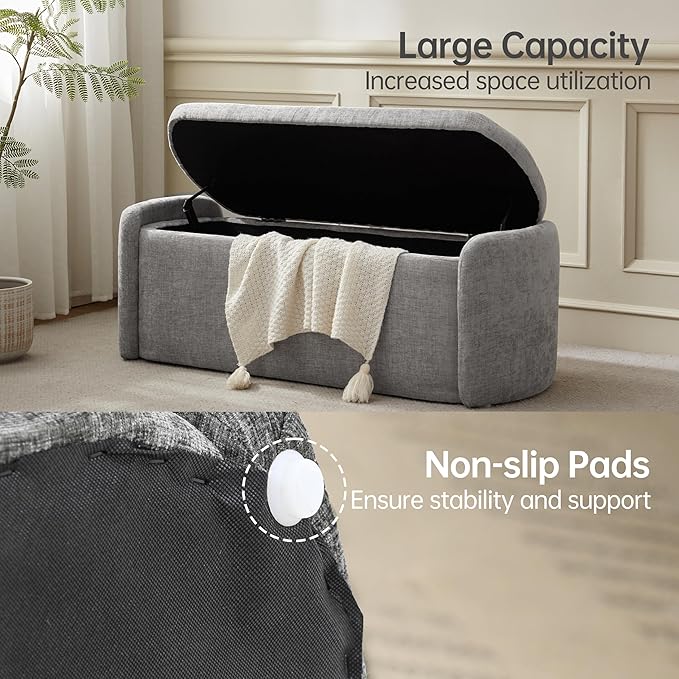 VKNOW 46" Oval Storage Ottoman Bench, Upholstered End of Bed Bench Ottomans Bench Foot Rest, Sherpa Storage Bench for Bedroom, Living Room and Hallway, Light Grey