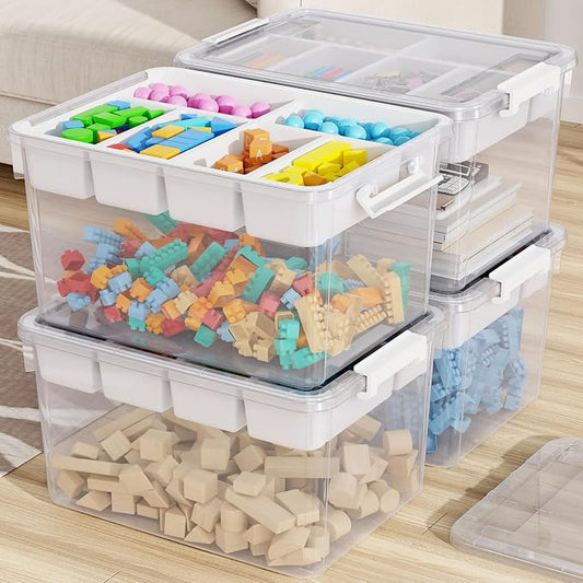 160Qt Stackable Storage Bins with Lids Trays Craft Box Organizers, 4Pack,WH | Clear Plastic Latching Boxes Organizers with Dividers Portable Containers for Arts & Crafts, Home Office Classroom Car Trunk