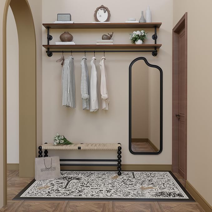 Clothes Rack 70in, Wall Mounted Garment Rack with Real Walnut Wood Shelf, Heavy Duty Hanging Clothes Rack, Multi-Purpose Hanging Rod, Space-Saving Closet Storage