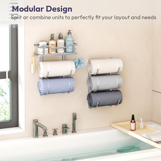 SWTYMIKI Over the Door Towel Rack - 6 Tier Towel Racks for Bathroom Wall Mounted, Towel Holder with Shelf, Hanging Rolled Towel Storage Organizer for Small Bathroom, Camper, RV, Sliver