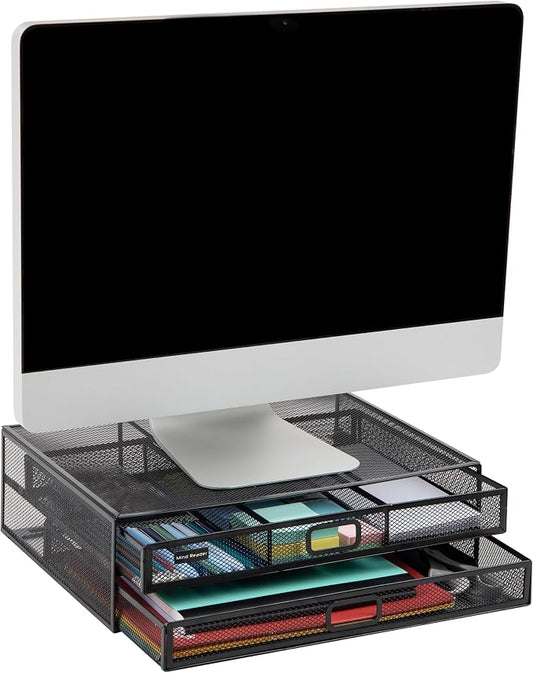 Mind Reader Monitor Stand, Ventilated Laptop Riser, Storage Drawer, Office, Metal Mesh, Black