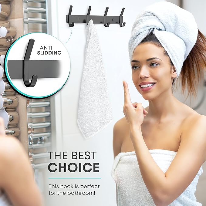 Coat Rack Wall Mount – 12 Inch Stainless Steel Hook Rail with 4 Double Coat Hooks for Hanging – Wall Mounted Entryway Organizer for Coats, Hats, Bags, Towels, Robes, or Bathroom - Black 2 Pack