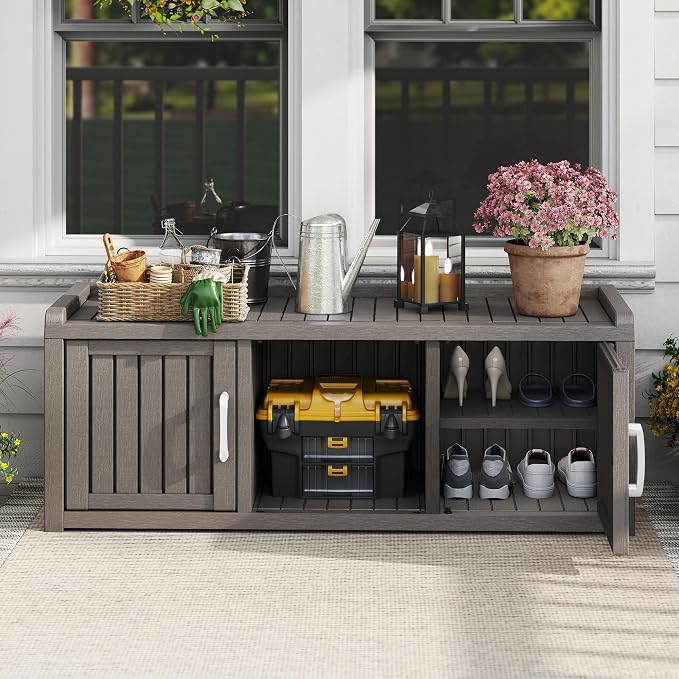 NUNU LAB Shoe Storage Cabinet, Waterproof Shoe Organizer with Adjustable Shelves, UV-Resistant Entryway Shoe Cabinet Bench with 2 Barn Doors for Indoor Outdoor, Foyer, Hallway, Living Room,Grey