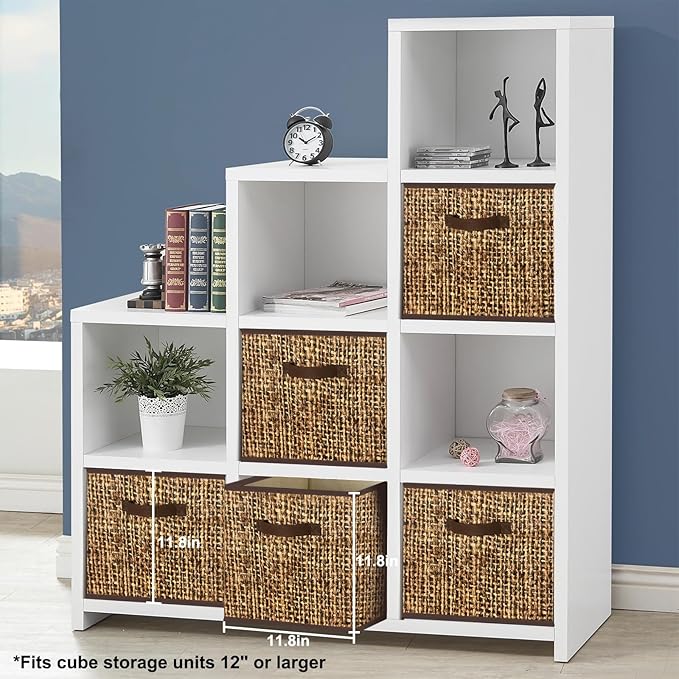 12x12 Cube Storage Bins - Fabric Cubby Bins with Dual Handles, Collapsible Storage Organizer for Shelf, Closet, Nursery, Set of 6 （PRINTING instead of Rattan Weaving）