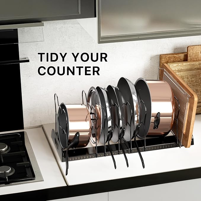 Simple Houseware Expandable Pan Rack 10 Adjustable Compartments, Black | Kitchen Cabinet Organizer for Pots, Pans, Lids & Bakeware - Pantry & Countertop Storage