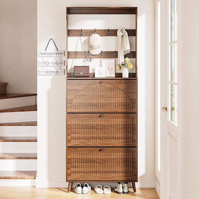 Fsbecl Shoe Storage Cabinet with 3 Fluted Flip Drawers & Coat Rack, Walnut | Slim Freestanding Shoe Organizer with Hidden Storage, Adjust Shelves, Wooden 2-in-1 Hall Tree for Entryway Foyer, 18-24 Pairs