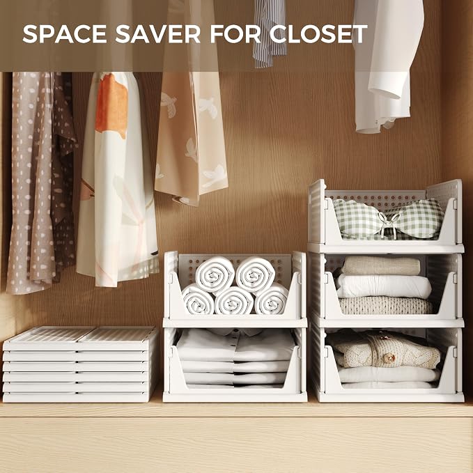 Pinkpum 6 Pack Closet Organizer Storage Bins Stackable Plastic Drawer Shelf | Basket for Clothing Stackable Storage Bins Shelf Storage Container for Closet Wardrobe Bedroom Bathroom Office White Foldable