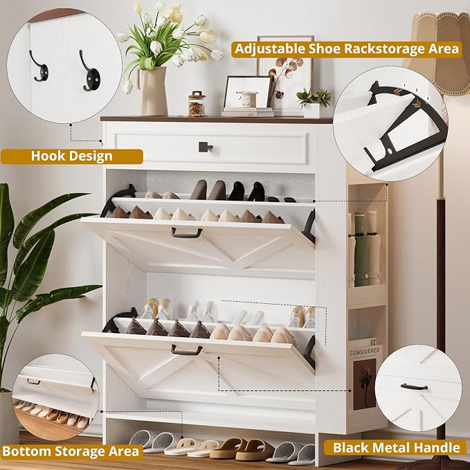 IRONCK Shoe Storage Cabinet with 2 Flip Drawers & Barn Door, White/Walnut | Freestanding Shoe Cabinet Organizer with Drawer and Shelves for Entryway, Farmhouse Shoe Rack Cabinet