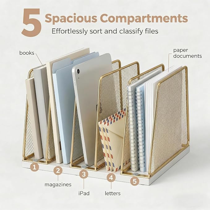 5-Section Vertical File Organizer for Desk, Gold | Sturdy Wood Base, Metal Mesh, Desktop File Holder, Upright Paper Folder Sorter