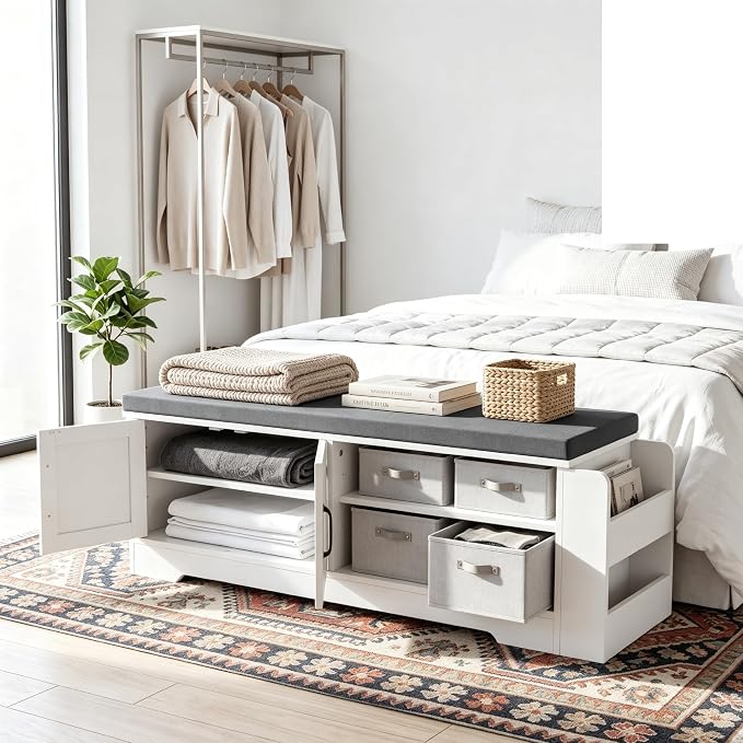 GRUSIGN 47.3" Shoe Storage Bench with Cushion, Entryway Shoe Cabinet, White | 3-in-1 Shoe Storage Bench, 47.3", Adjustable Shelves, Removable Cushion, 300 lbs Capacity, Entryway, Apartment, Families