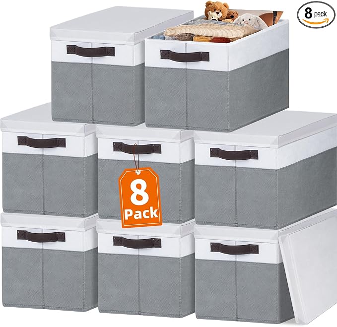 Criusia 8 Pack Closet Storage Bins with Lids - Stackable Storage Baskets for Organizing Clothes Toys Blankets - Odorless for Baby Nursery Organization and Storage Boxes Totes for Bedroom Dorm Room