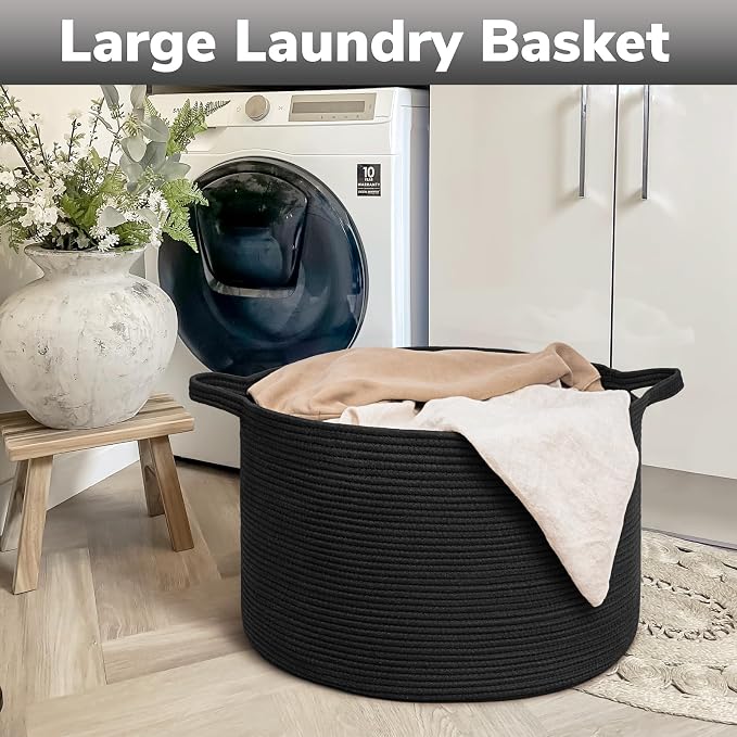 Goodpick Large Woven Basket for Blankets, Nursery & Living Room Decor, 85L | 21.7 x 21.7 x 13.8 In Toy Storage Basket for Nursery, Blanket Basket for Living room, Laundry Basket, Black