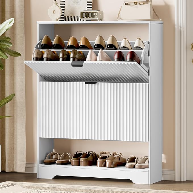 Xixini Shoe Storage Cabinet for Entryway with 2 Flip Drawers, Hidden Slim Wood Shoe Organizer with Modern Fluted Panel, Freestanding Narrow Shoe Rack for Front Door Entrance, Hallway, Foyer, White