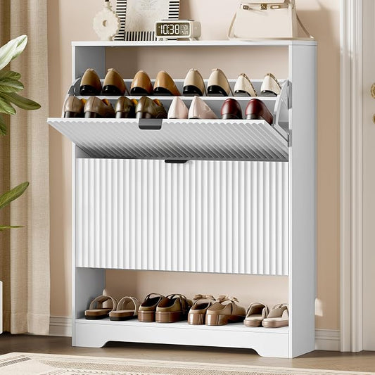 Xixini Shoe Storage Cabinet for Entryway with 2 Flip Drawers, Hidden Slim Wood Shoe Organizer with Modern Fluted Panel, Freestanding Narrow Shoe Rack for Front Door Entrance, Hallway, Foyer, White