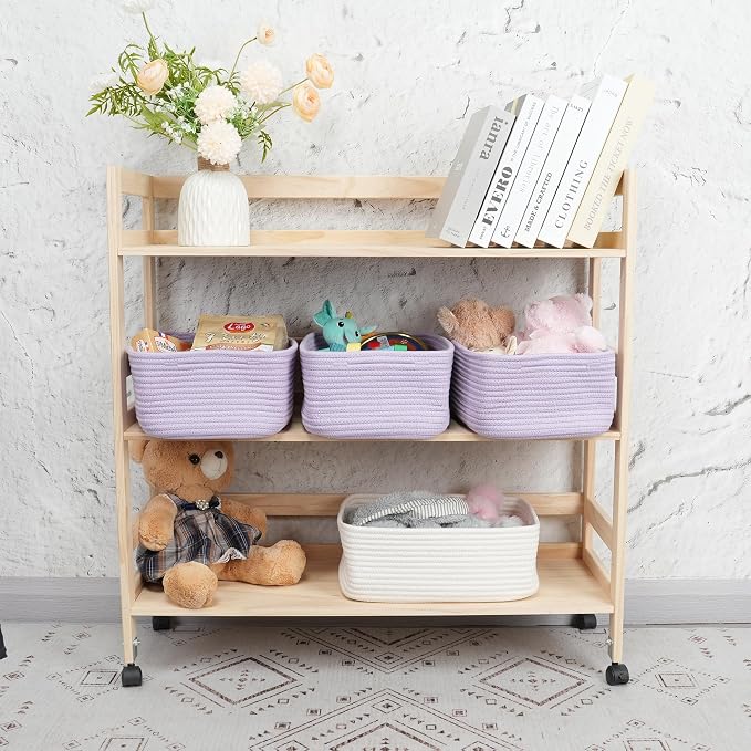 XUANGUO Small Woven Storage Baskets for Shelves, 13" x 9" x 5", Purple | Decorative rope storage bins for closets and toy storage; cute organizer baskets, empty gift baskets and nursery storage.