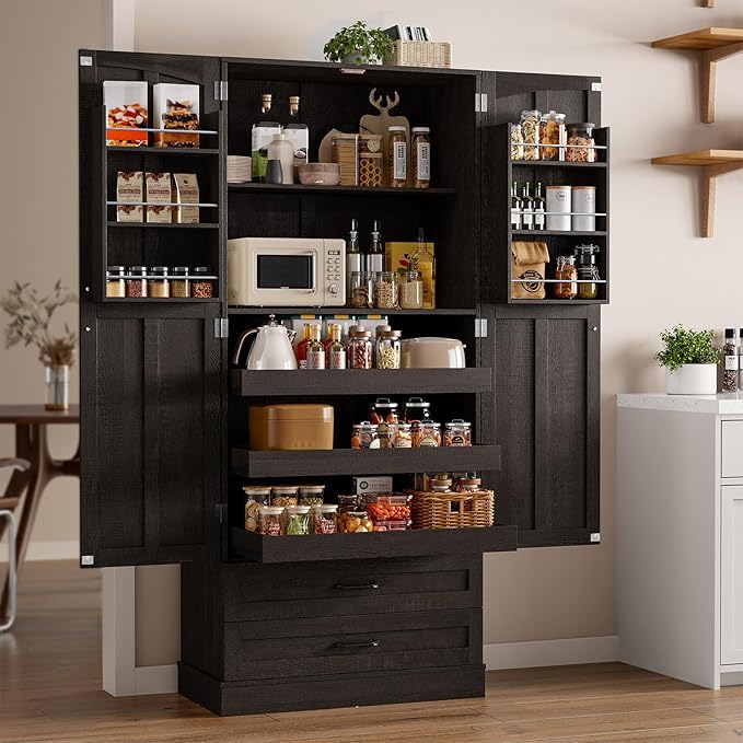 71" Tall Farmhouse Kitchen Pantry Cabinet with 3 Pull Out Shelves & 2 Large Drawers, Pantry Storage Cabinet with 6 Door Shelf & Adjustable Shelf, Freestanding Cupboard for Kitchen, Dining Room