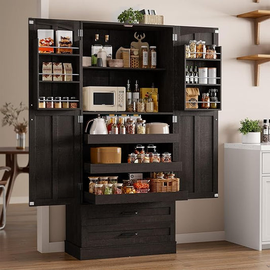 71" Tall Farmhouse Kitchen Pantry Cabinet with 3 Pull Out Shelves & 2 Large Drawers, Pantry Storage Cabinet with 6 Door Shelf & Adjustable Shelf, Freestanding Cupboard for Kitchen, Dining Room