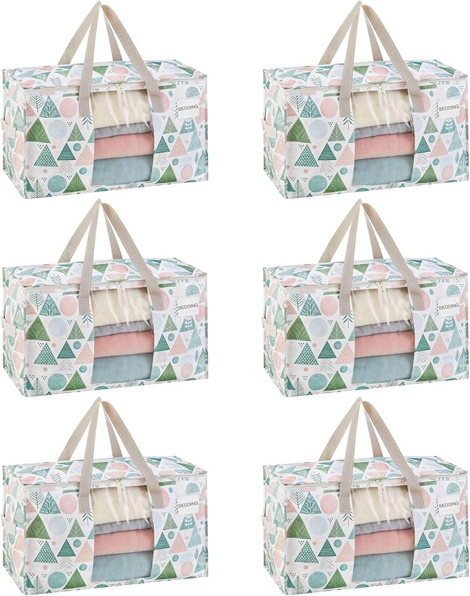 VENO 6 Pack Moving Bags, Large Christmas Storage Bins with lids, Packing Supplies for College, Alternative to Moving Boxes, Foldable, Heavy-Duty Tote, Christmas Pattern (Pastel Forest, 6 Pack)