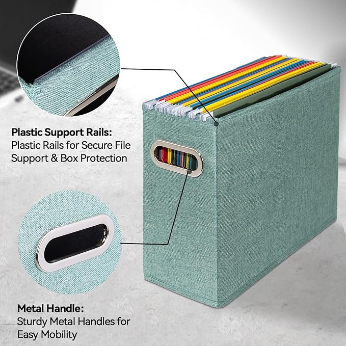 4 Pack Letter Size File Storage Box Collapsible, Fabric Hanging File Folders Organizer, Portable Office Document Holder with Metal Handle, Smooth PVC Rails, Green