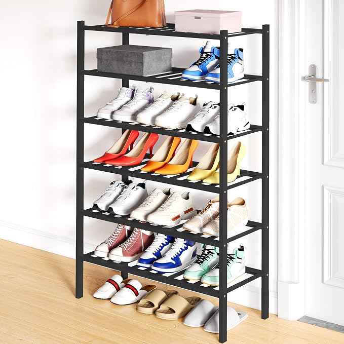 Smiry Bamboo Shoe Rack, 12 Vertical Slats, 6 Tier - 26.8" Wide, Black | Stackable Free Standing Wooden Shoe Organizer, Wood Shoe Storage Shelf for Closet, Entryway