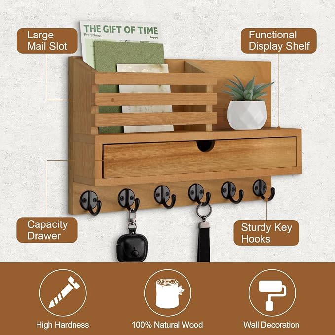 Key Holder Wall Mount, Mail Holder with Storage Drawer and 6 Key Hooks for Coat, Dog Leash, Home Decor Rack, House Accessories, Entry Way Organizer