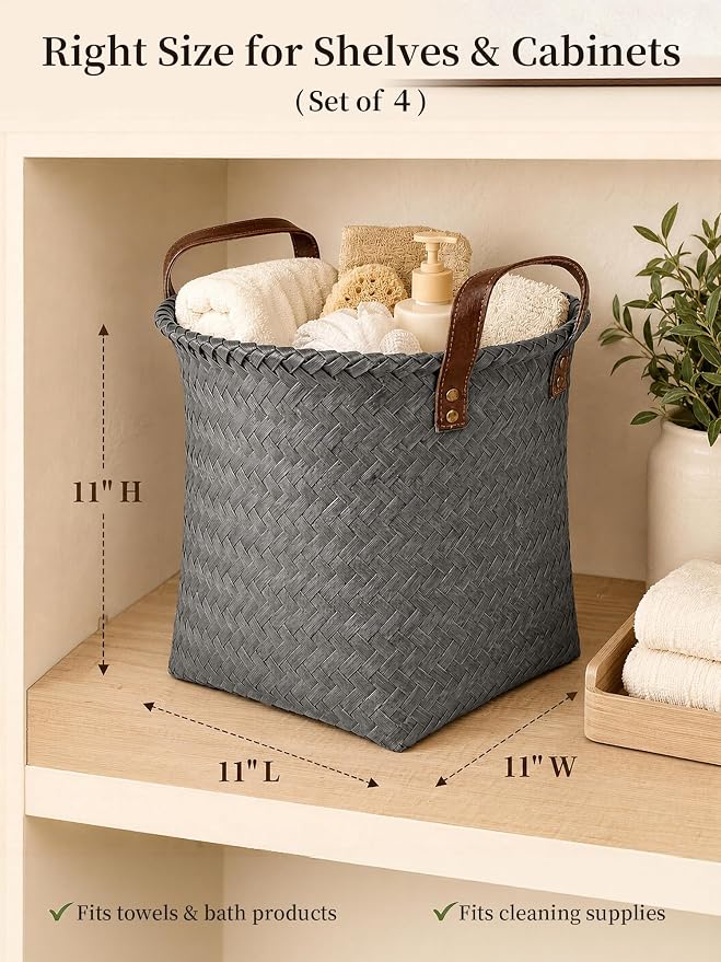 Wicker Storage Baskets, 4 Pack Woven Baskets for Shelves, Grey | PP Rattan, Water-resistant Wicker Basket, Large Baskets with Faux Leather Handles for Blanket, Laundry Organizer, Room Decor