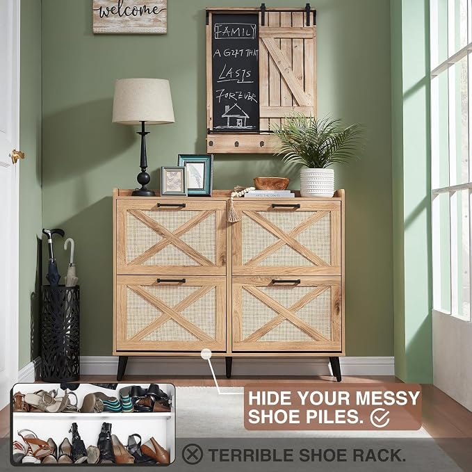 Barnyatoh Farmhouse Shoe Storage Cabinet,Shoe Organizer with 4 Flip Drawers | Freestanding Hidden Slim Narrow Shoe Rack Cabinet,Barn Door Design, Wood Shoes Organizer for Entryway,Foyer,Hallway,Natural