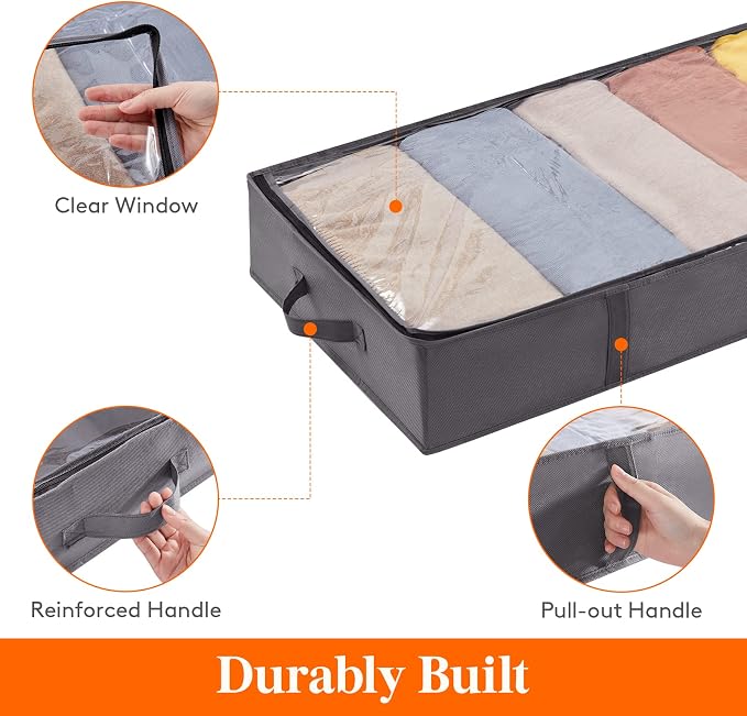 Lifewit 4 Pack UnderBed Storage Bags with Lid, Clothes Storage Boxes Foldable Under bed Storage Organizer with Reinforced Handle Thick Fabric Clear Window for Clothes Blankets Shoes, 65L, Grey