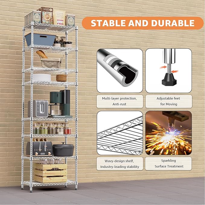 M MZG 8 Tier 2000 lbs Storage Rack Metal Wire Shelving Unit, Storage Standing Shelf Organizer for Laundry Bathroom Kitchen Pantry Closet Garage Utility Room, Chrome 13.8" D x 23.6" W x 79.5" H
