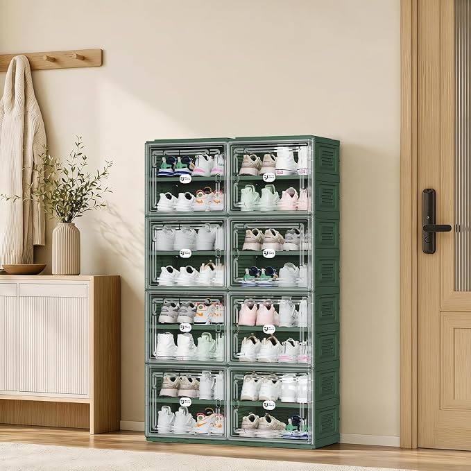 Foldable Shoe Cabinet with Magnetic Clear Doors, Wide Design Shoe Rack for Entryway, Portable Shoe Organizer Meeting Diverse Storage Needs (Green, 2Row 8Tier)